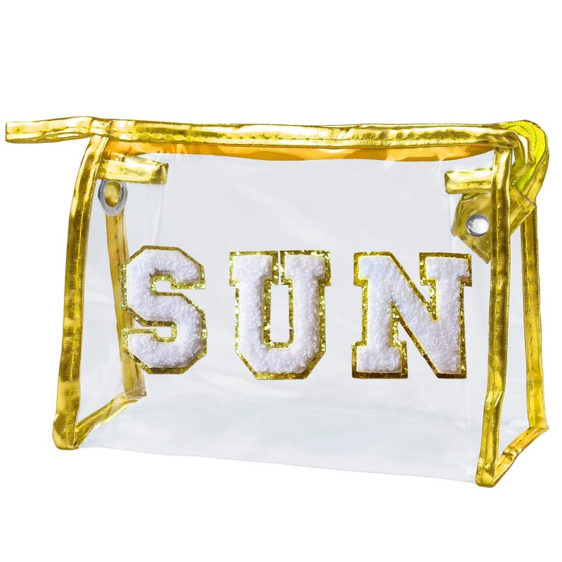 COSHAYSOO Clear Makeup Bag Preppy Sunscreen Zipper Pouch Cosmetic Beach Travel Summer Stuff Small Make Up Purse Organizer for Women Teen Girls with Trendy Cute Chenille Letter Patch Golden SUN - Image 1